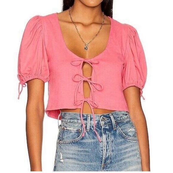 FREE PEOPLE Kitty Cotton Front-Tie Crop Top In Velvet Rose - Picture 3 of 11